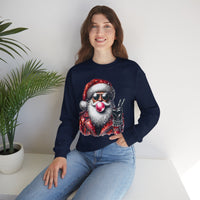 Biker Santa Leather Jacket Bubblegum – Gildan Heavy Blend | Trendy Women’s and Men's Soft Sweatshirt. Direct to Garment. Printed & Shipped in the USA. Unisex Sizes.