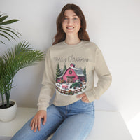 Merry Christmas Pink Barn Farm Animals – Gildan Heavy Blend | Trendy Women’s Soft Sweatshirt. Direct to Garment. Printed & Shipped in the USA. Unisex Sizes.