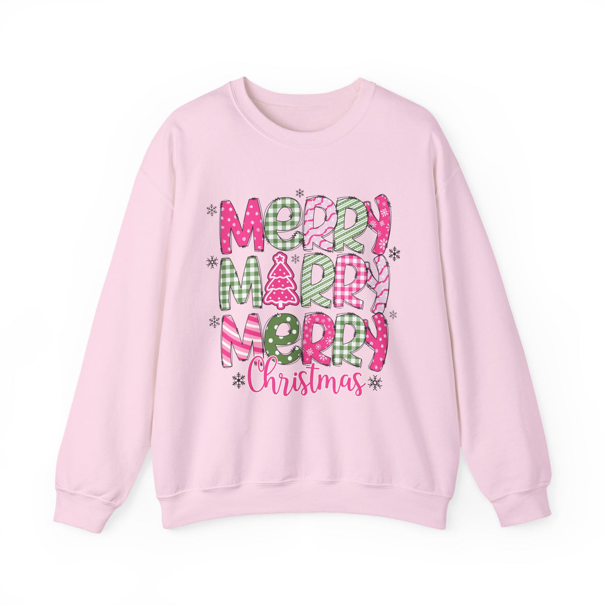 Merry Merry Merry Christmas Festive Candy Cane - Pink and Green – Gildan Heavy Blend | Trendy Women’s Soft Sweatshirt. Direct to Garment. Printed & Shipped in the USA. Unisex Sizes.