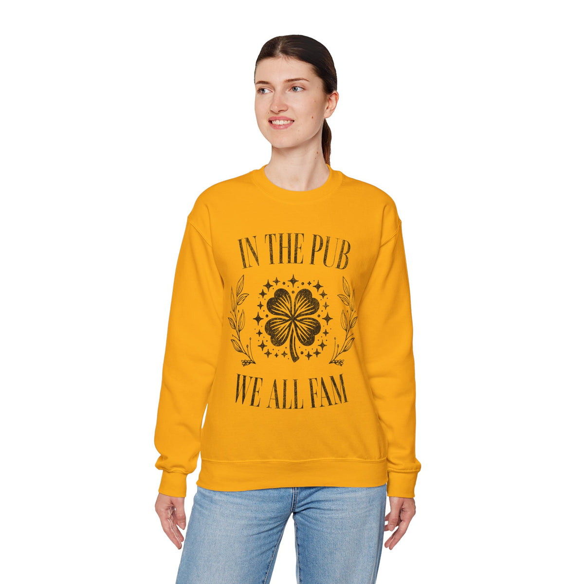 In the Pub We All Fam, Vintage – Gildan Heavy Blend | Trendy Women’s and Men's Soft Sweatshirt. Direct to Garment. Printed & Shipped in the USA. Unisex Sizes.