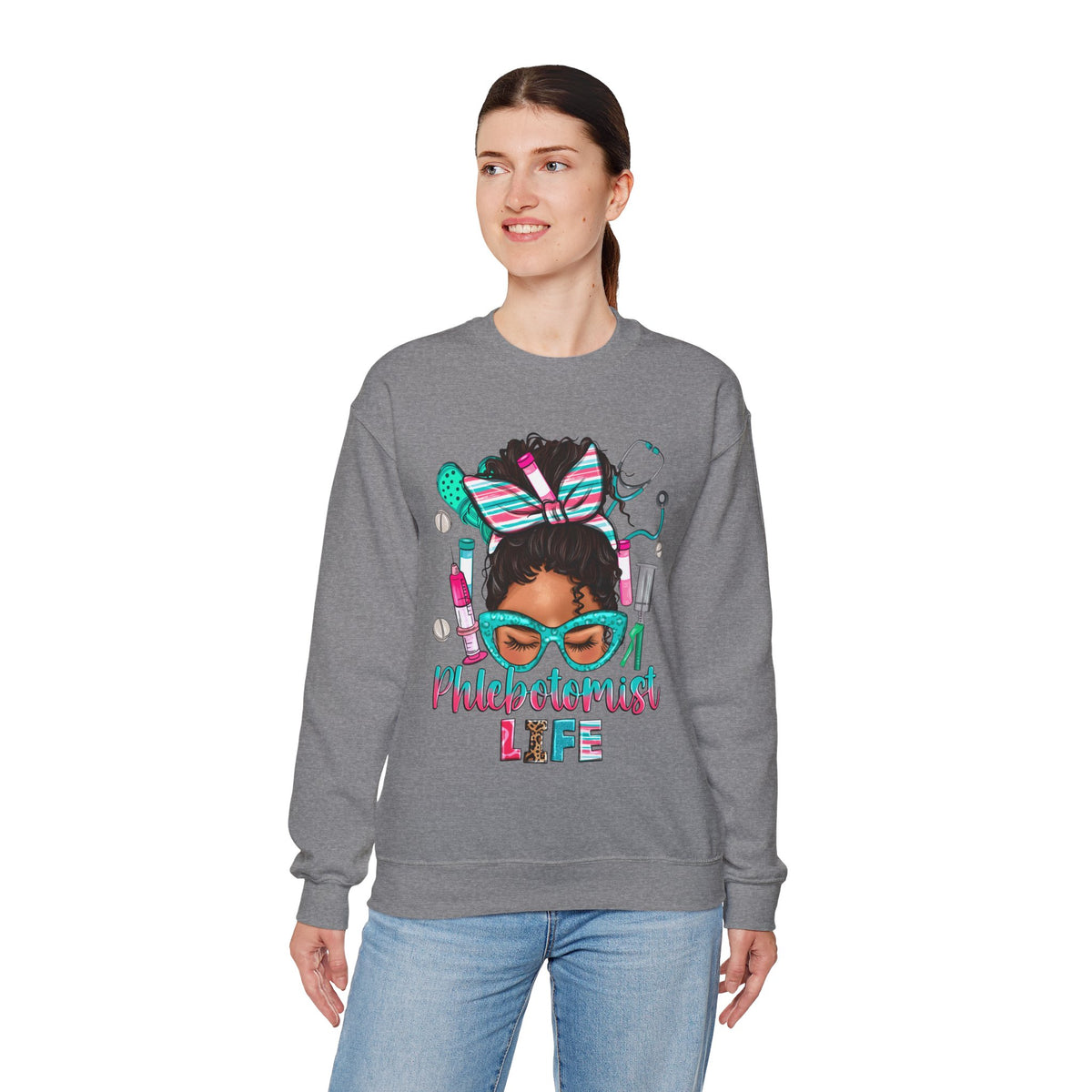 Phlebotomist Life, Messy Bun – Gildan Heavy Blend | Trendy Women’s Soft Sweatshirt. Direct to Garment. Printed & Shipped in the USA. Unisex Sizes.