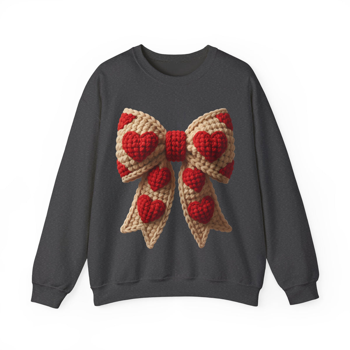 Faux Crochet Valentine Bow – Gildan Heavy Blend | Trendy Women’s Soft Sweatshirt. Direct to Garment. Printed & Shipped in the USA. Unisex Sizes.