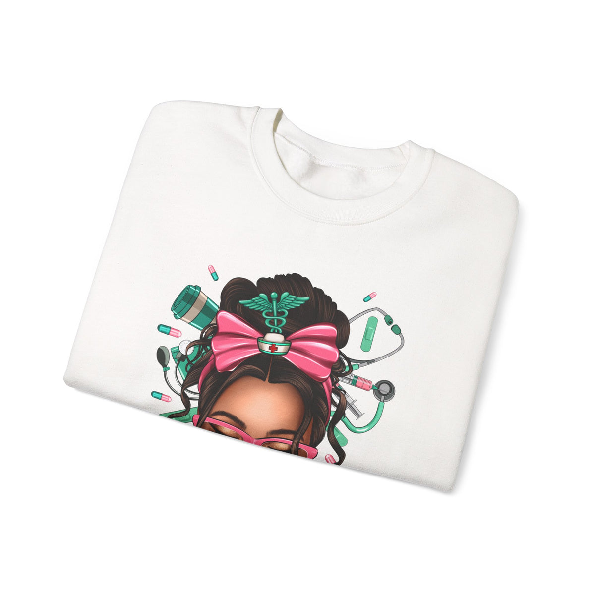 Nurse Life Messy Bun, Cute Stethescope & Syringe – Gildan Heavy Blend | Trendy Women’s Soft Sweatshirt. Direct to Garment. Printed & Shipped in the USA. Unisex Sizes.