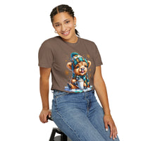 Winter Baby Highland Cow with Cocoa  - Comfort Colors | Trendy Women's T-Shirt. Direct to Garment. Printed & Shipped in the USA. Unisex Sizes.