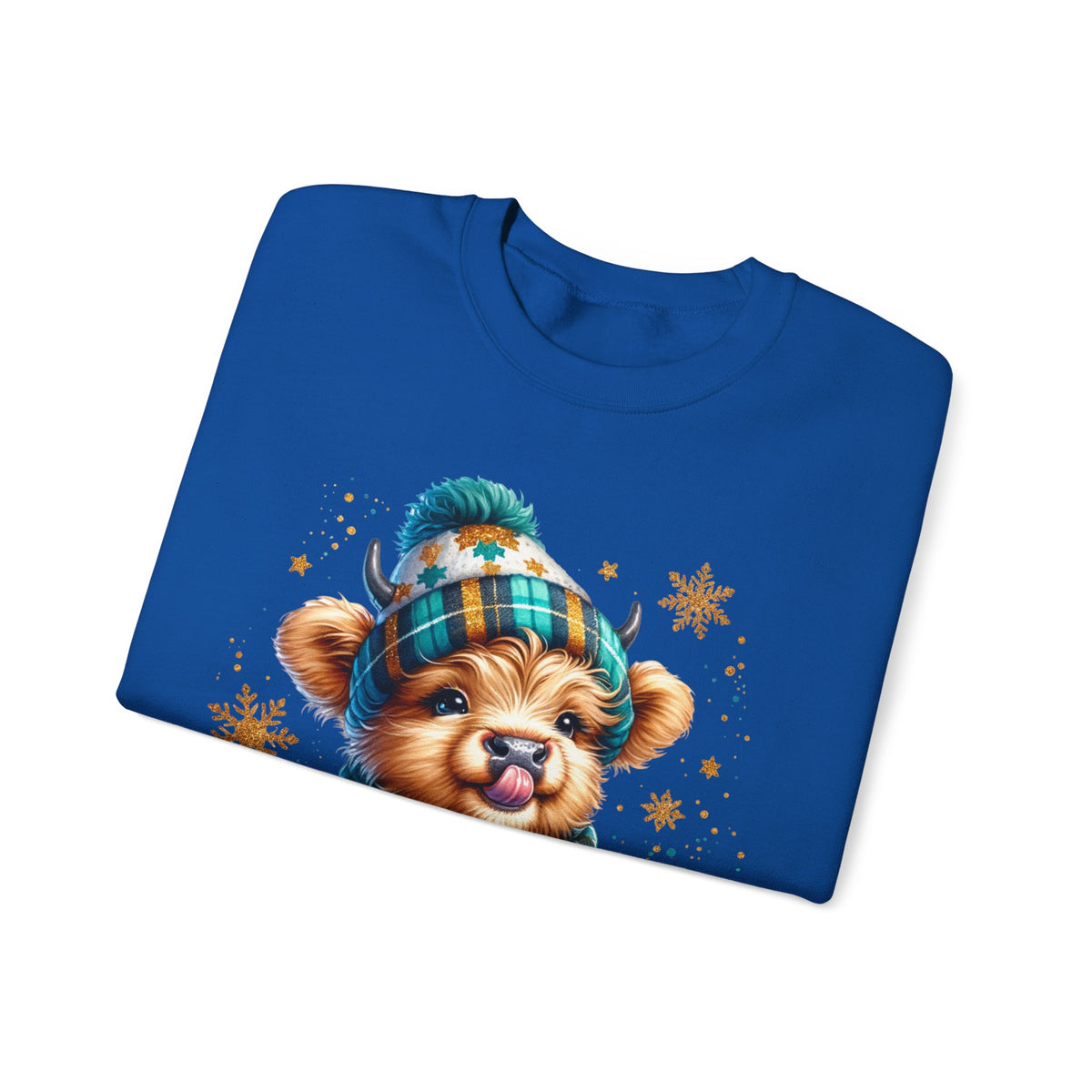 Winter Baby Highland Cow with Cocoa – Gildan Heavy Blend | Trendy Women’s Soft Sweatshirt. Direct to Garment. Printed & Shipped in the USA. Unisex Sizes.