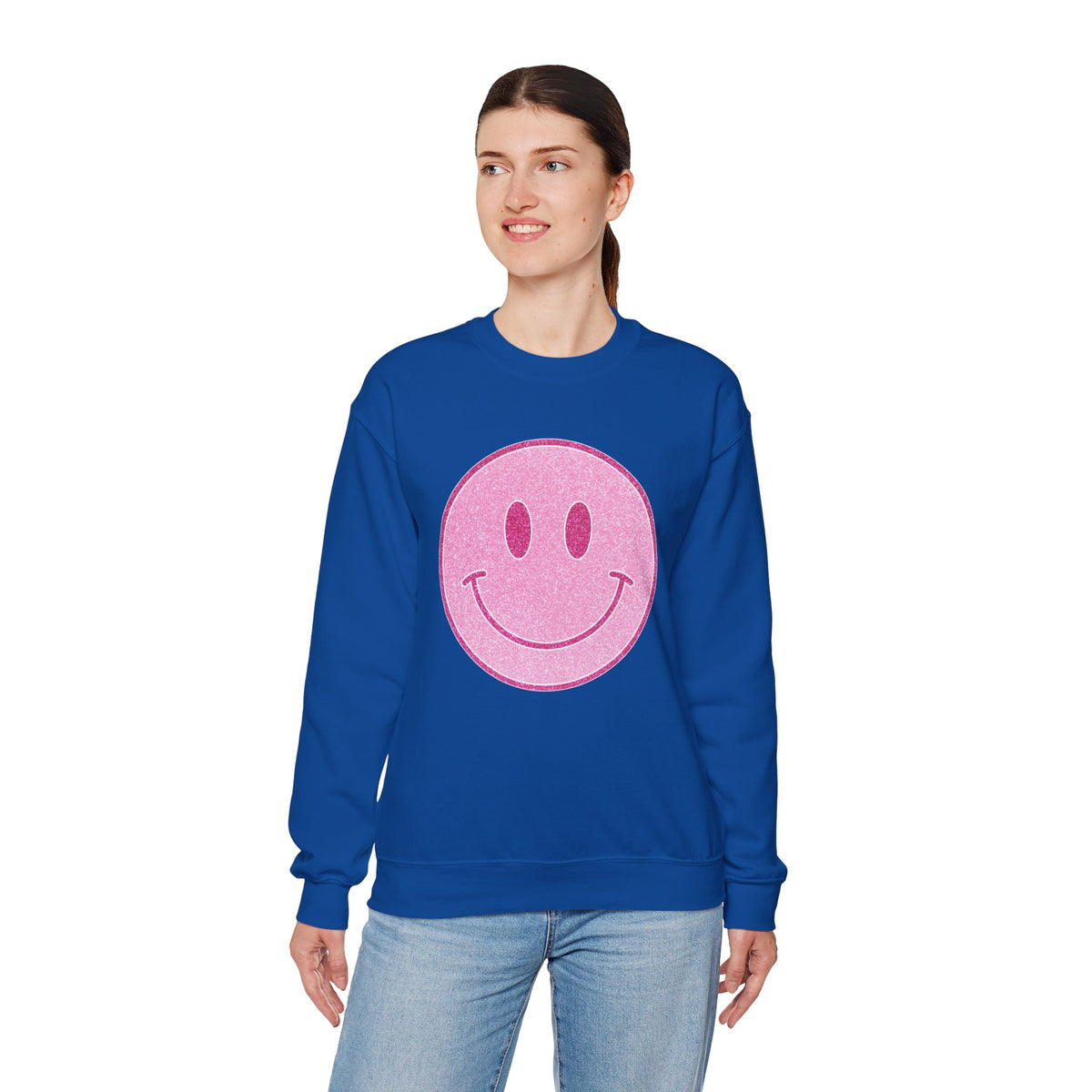 Glitter Smiley – Gildan Heavy Blend | Trendy Women’s Soft Sweatshirt. Direct to Garment. Printed & Shipped in the USA. Unisex Sizes.