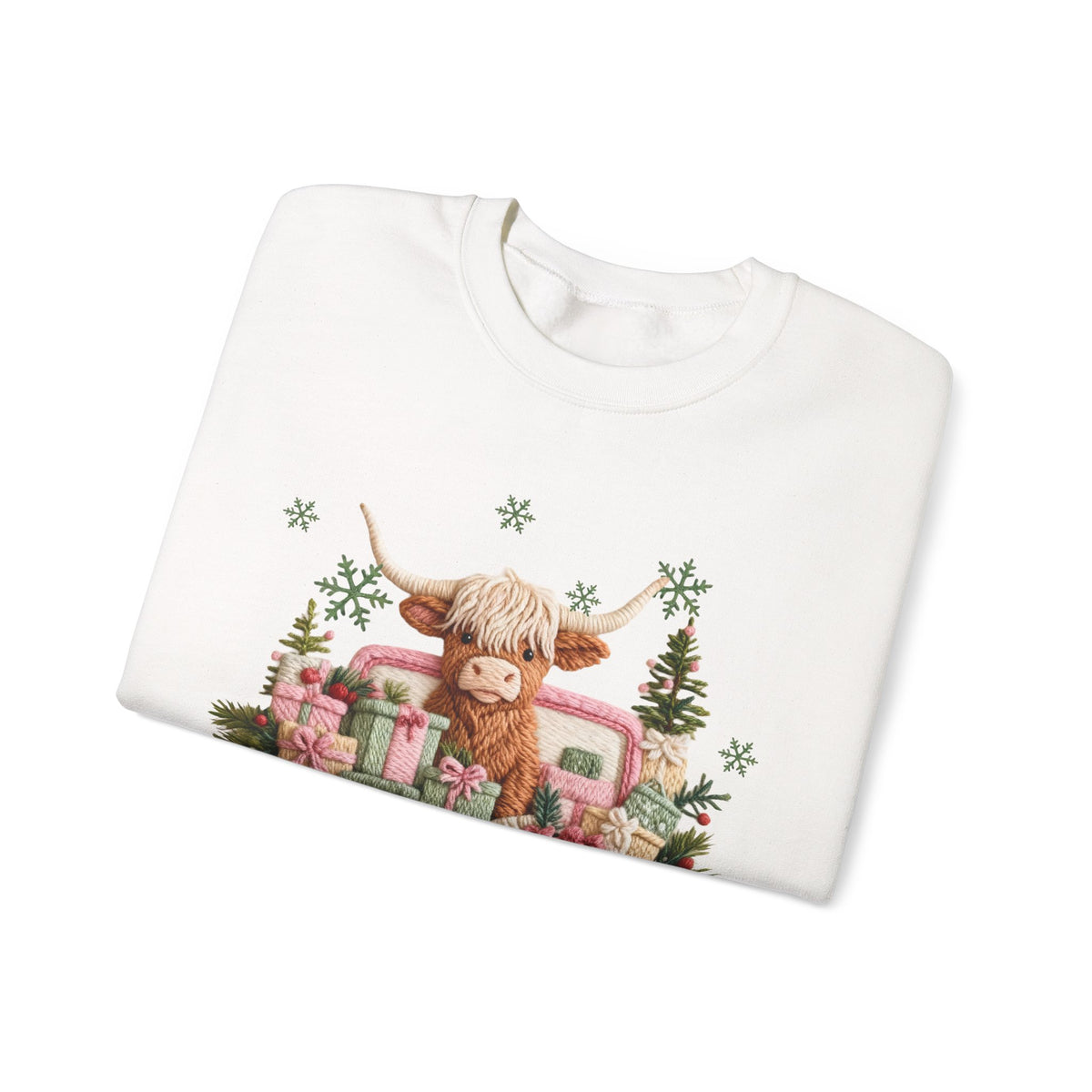 Highland Cow in Pink Truck Merry Christmas Holiday Farmhouse – Gildan Heavy Blend | Trendy Women’s Soft Sweatshirt. Direct to Garment. Printed & Shipped in the USA. Unisex Sizes.