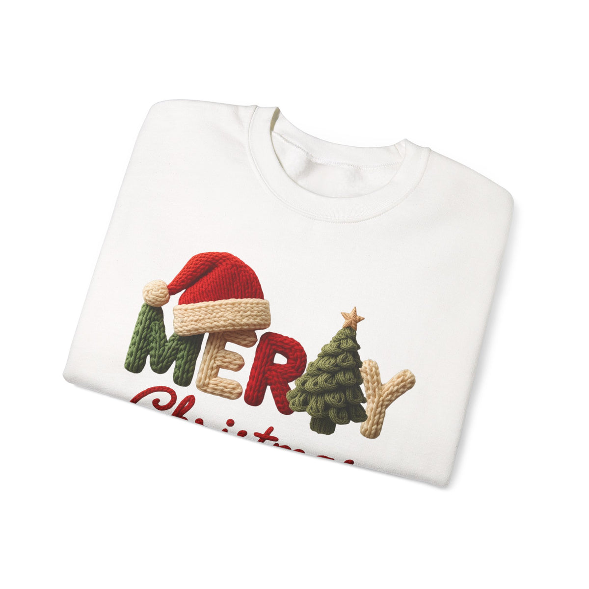 Merry Christmas Faux Yarn w/Santa Hat & Tree – Gildan Heavy Blend | Trendy Women’s Soft Sweatshirt. Direct to Garment. Printed & Shipped in the USA. Unisex Sizes.