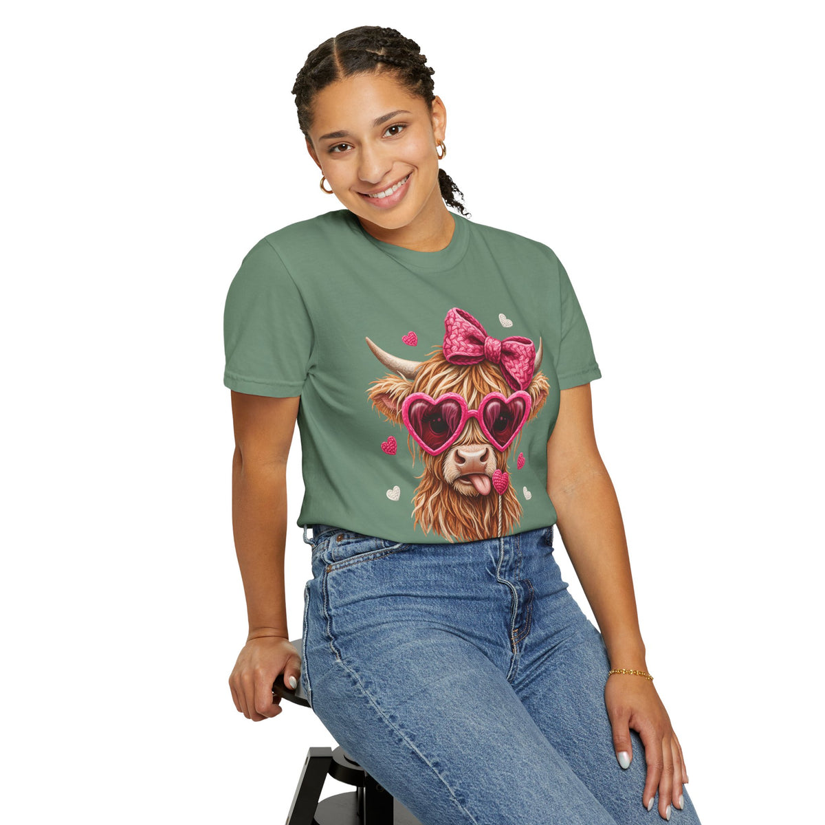 Highland Cow - Pink Heart Shaped Glasses - Comfort Colors | Trendy Women's T-Shirt. Direct to Garment. Printed & Shipped in the USA. Unisex Sizes.