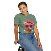 Highland Cow - Pink Heart Shaped Glasses - Comfort Colors | Trendy Women's T-Shirt. Direct to Garment. Printed & Shipped in the USA. Unisex Sizes.