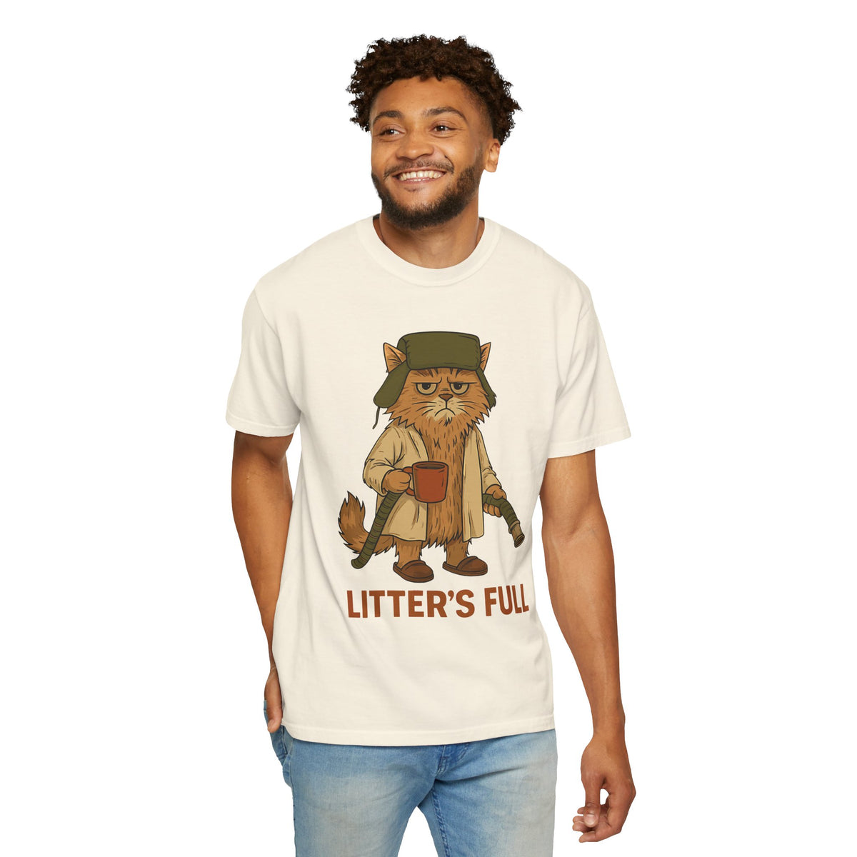 Litter's Full, Funny Cat - Comfort Colors | Trendy Men's and Women's T-Shirt. Direct to Garment. Printed & Shipped in the USA. Unisex Sizes.