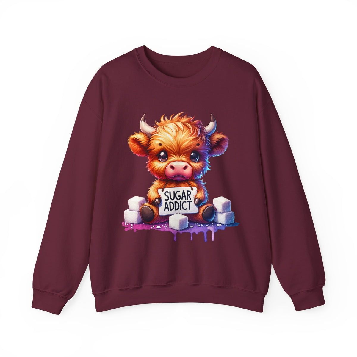 Sugar Addict Highland Cow – Gildan Heavy Blend | Trendy Women’s Soft Sweatshirt. Direct to Garment. Printed & Shipped in the USA. Unisex Sizes.