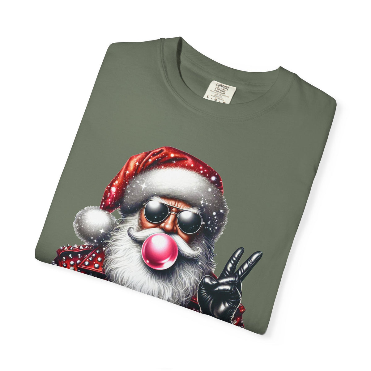 Biker Santa Leather Jacket Bubblegum - Comfort Colors | Trendy Women's and Men's T-Shirt. Direct to Garment. Printed & Shipped in the USA. Unisex Sizes.