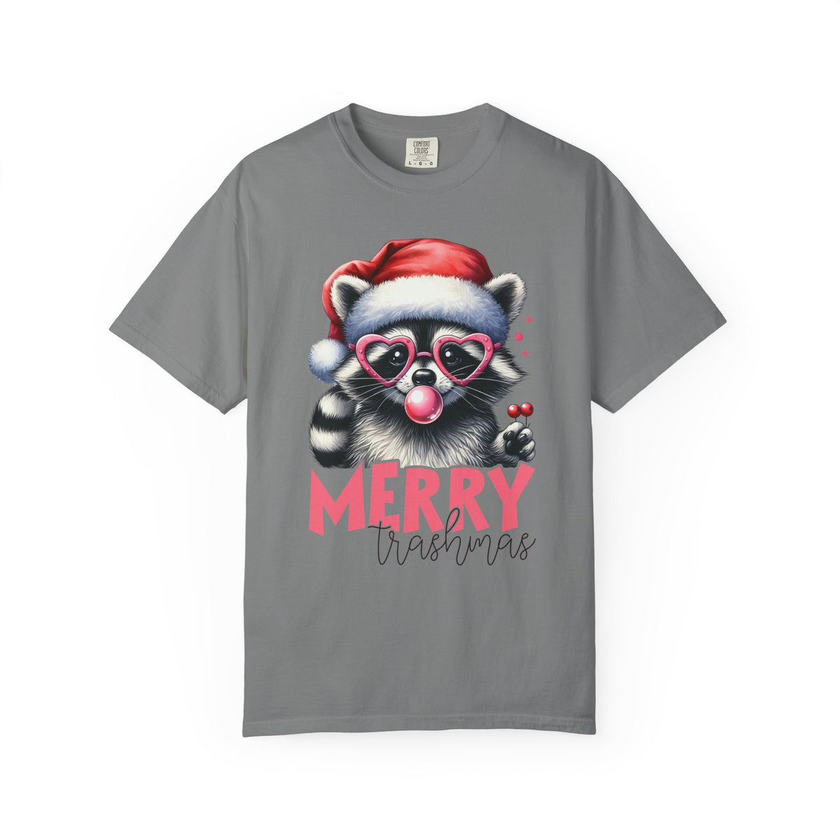 Merry Trashmas Bubblegum Raccoon w/Santa Hat Christmas - Comfort Colors | Trendy Women's T-Shirt. Direct to Garment. Printed & Shipped in the USA. Unisex Sizes.
