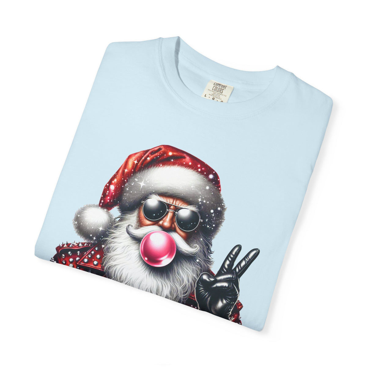 Biker Santa Leather Jacket Bubblegum - Comfort Colors | Trendy Women's and Men's T-Shirt. Direct to Garment. Printed & Shipped in the USA. Unisex Sizes.