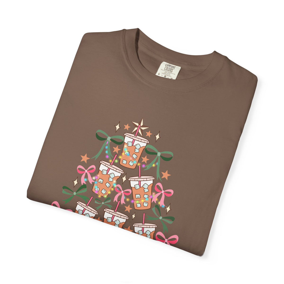 Merry and Caffeinated Iced Coffee Christmas Tree - Comfort Colors | Trendy Women's T-Shirt. Direct to Garment. Printed & Shipped in the USA. Unisex Sizes.