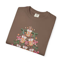 Merry and Caffeinated Iced Coffee Christmas Tree - Comfort Colors | Trendy Women's T-Shirt. Direct to Garment. Printed & Shipped in the USA. Unisex Sizes.