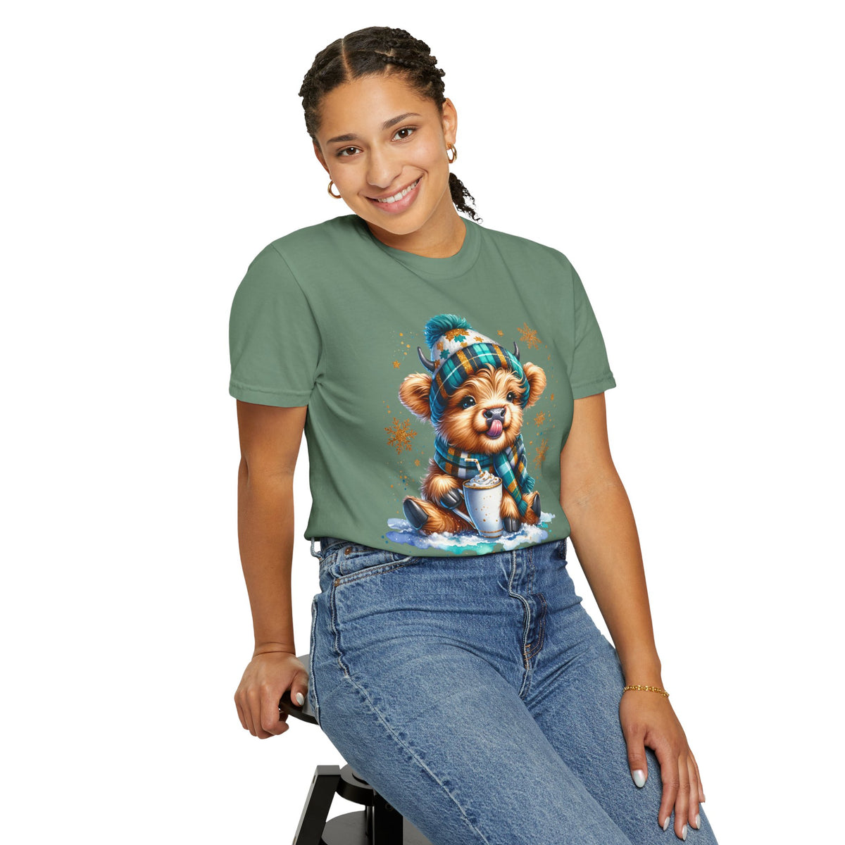 Winter Baby Highland Cow with Cocoa  - Comfort Colors | Trendy Women's T-Shirt. Direct to Garment. Printed & Shipped in the USA. Unisex Sizes.