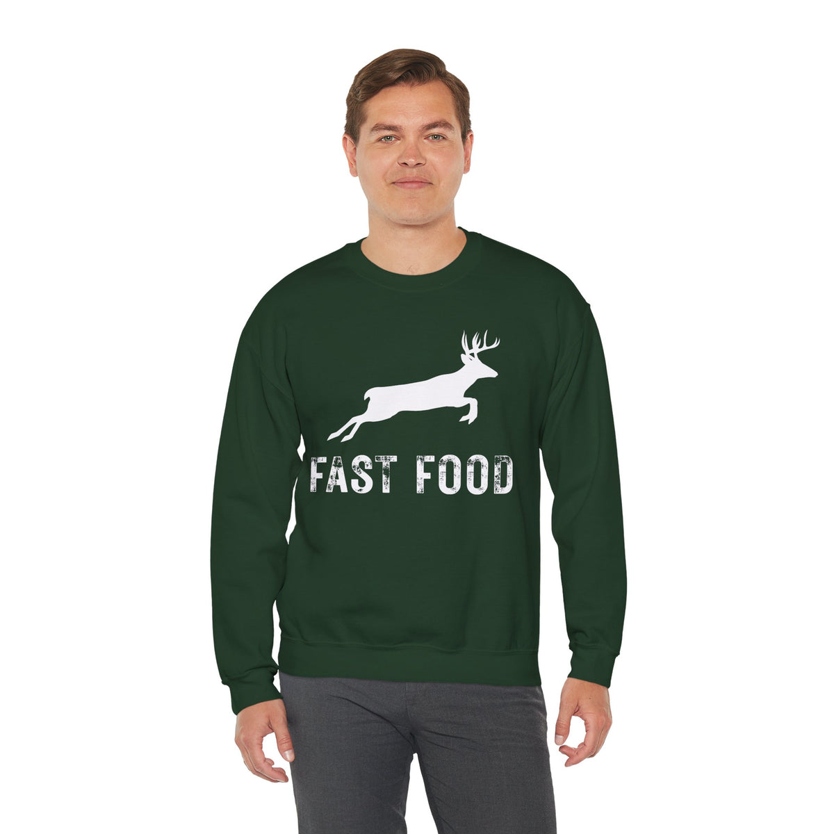 Fast Food Deer Hunting Humor Distressed – Gildan Heavy Blend | Trendy Men's and Women’s Soft Sweatshirt. Direct to Garment. Printed & Shipped in the USA. Unisex Sizes.
