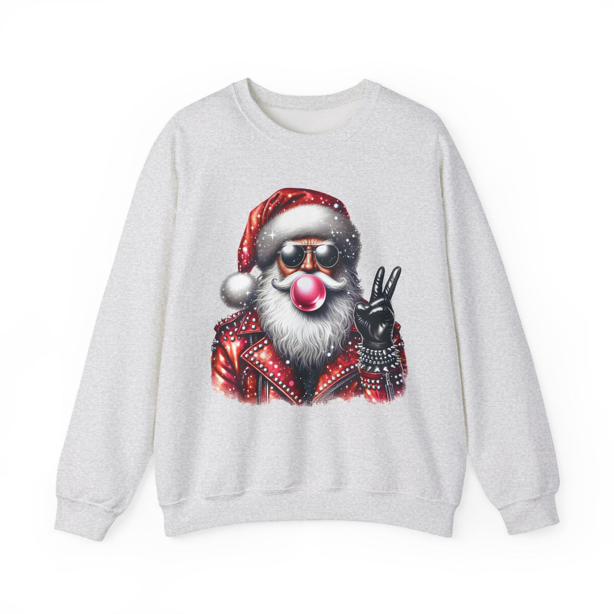 Biker Santa Leather Jacket Bubblegum – Gildan Heavy Blend | Trendy Women’s and Men's Soft Sweatshirt. Direct to Garment. Printed & Shipped in the USA. Unisex Sizes.