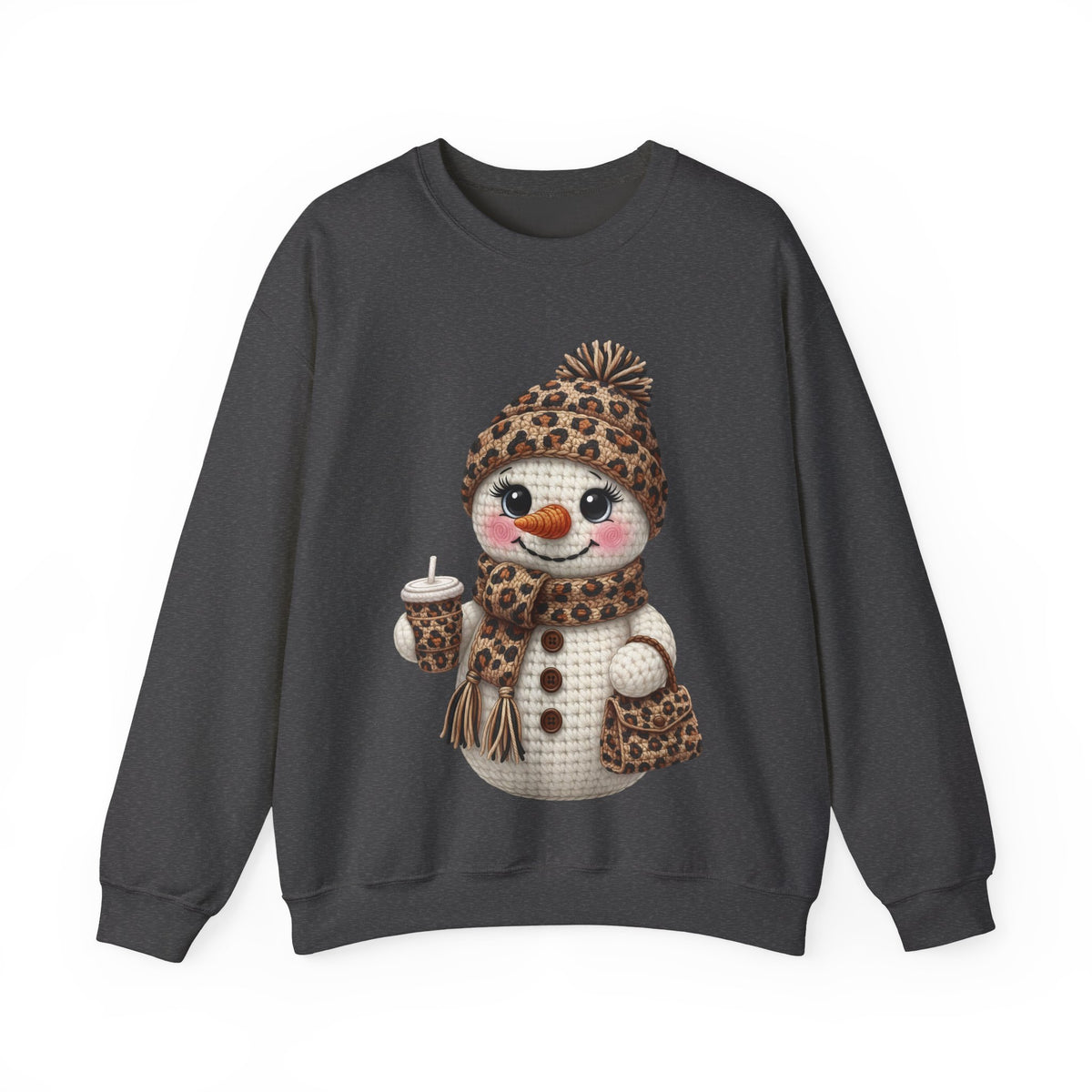 Leopard Snowman - Leopard Purse, Drink, Hat & Scarf – Gildan Heavy Blend | Trendy Women’s Soft Sweatshirt. Direct to Garment. Printed & Shipped in the USA. Unisex Sizes.
