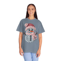 Cute Yarn Snowman - Pink Scarf - Comfort Colors | Trendy Women's T-Shirt. Direct to Garment. Printed & Shipped in the USA. Unisex Sizes.