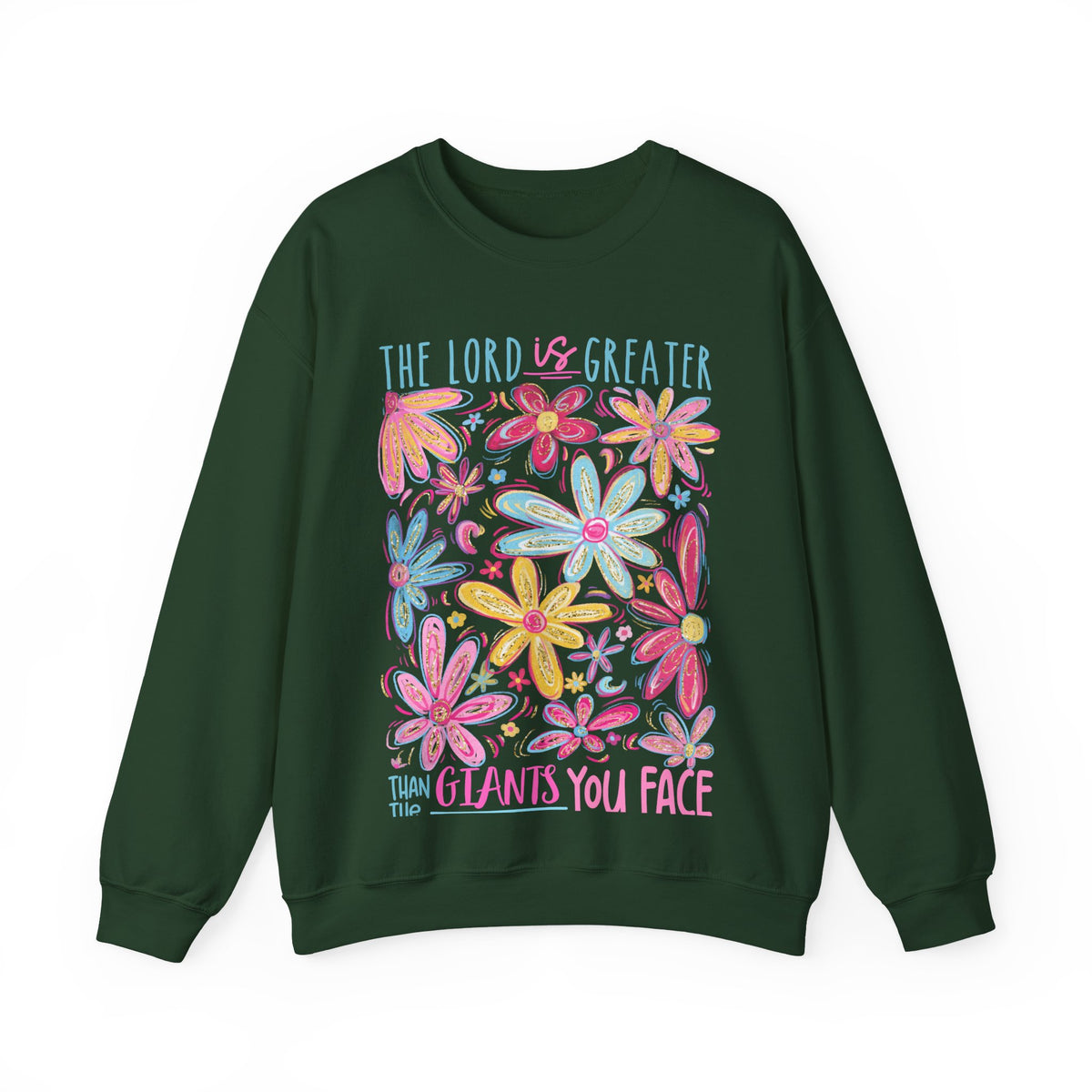 The Lord Is Greater Than The Giants You Face – Gildan Heavy Blend | Trendy Women’s Soft Sweatshirt. Direct to Garment. Printed & Shipped in the USA. Unisex Sizes.