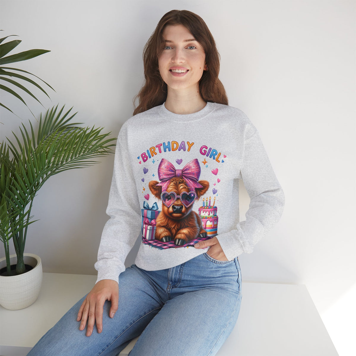 Birthday Girl, Highland Cow – Gildan Heavy Blend | Trendy Women’s Soft Sweatshirt. Direct to Garment. Printed & Shipped in the USA. Unisex Sizes.