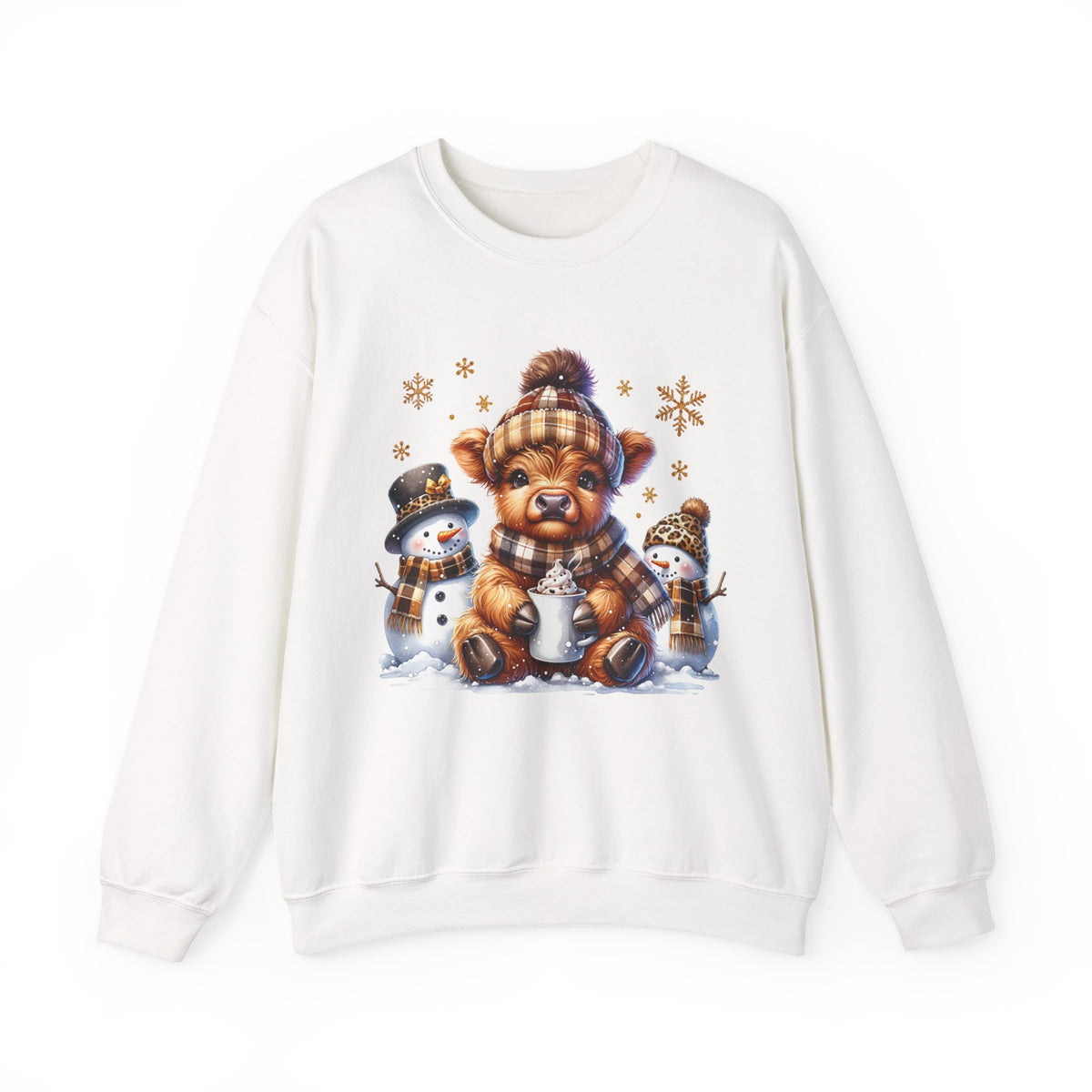 Cute Highland Cow with Snowmen, Winter – Gildan Heavy Blend | Trendy Women’s Soft Sweatshirt. Direct to Garment. Printed & Shipped in the USA. Unisex Sizes.