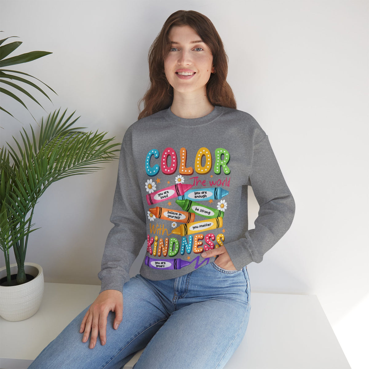 Color the World With Kindness Crayons, Great Teacher Gift – Gildan Heavy Blend | Trendy Women’s and Men's Soft Sweatshirt. Direct to Garment. Printed & Shipped in the USA. Unisex Sizes.