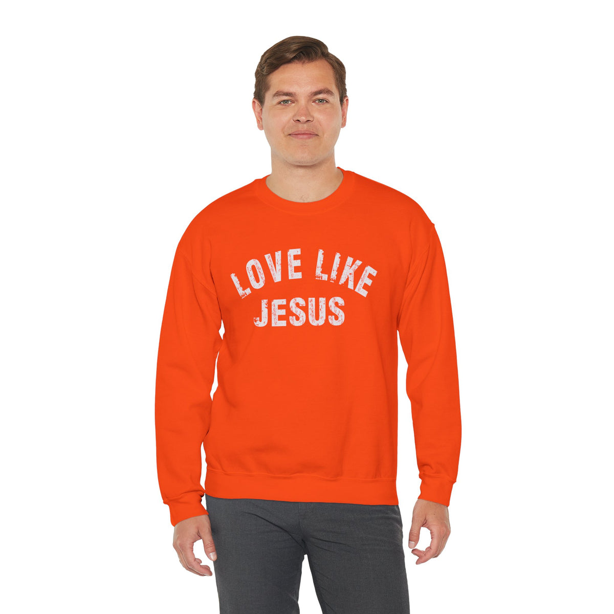 Love Like Jesus - Distressed – Gildan Heavy Blend | Trendy Men's and Women’s Soft Sweatshirt. Direct to Garment. Printed & Shipped in the USA. Unisex Sizes.
