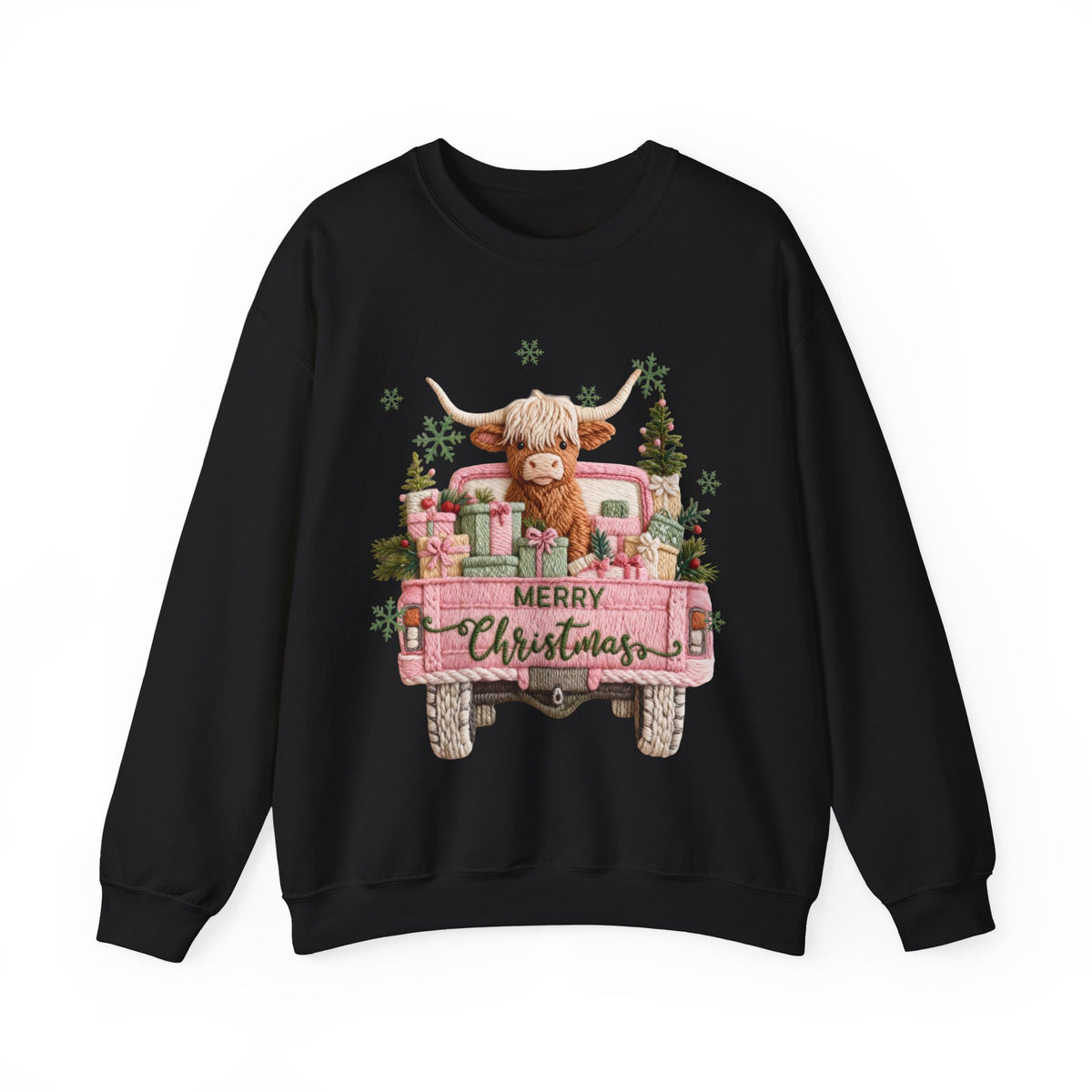 Highland Cow in Pink Truck Merry Christmas Holiday Farmhouse – Gildan Heavy Blend | Trendy Women’s Soft Sweatshirt. Direct to Garment. Printed & Shipped in the USA. Unisex Sizes.