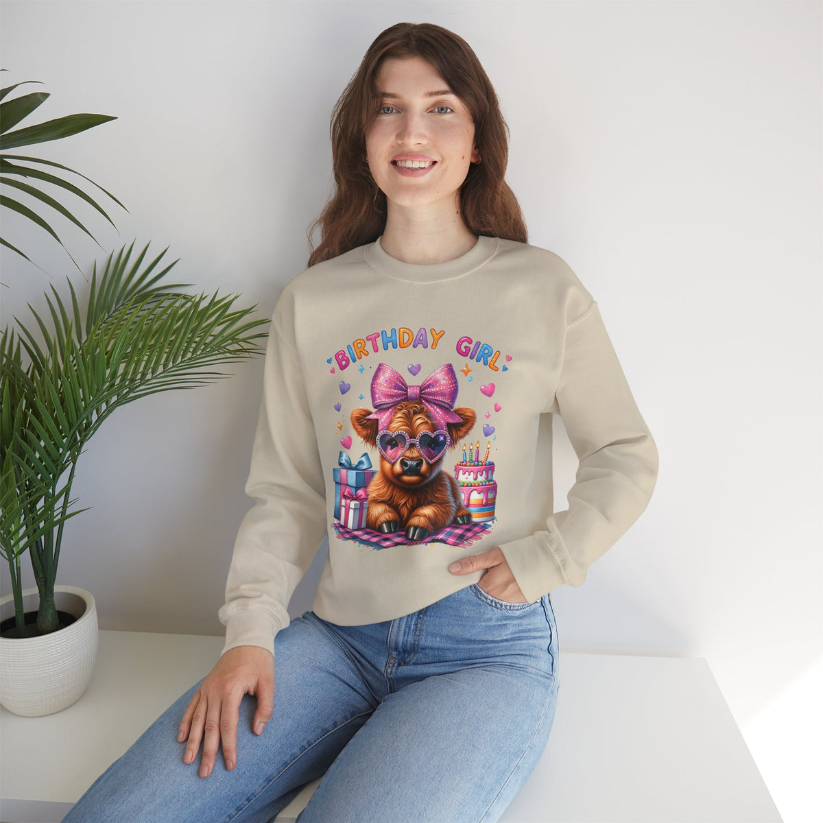 Birthday Girl, Highland Cow – Gildan Heavy Blend | Trendy Women’s Soft Sweatshirt. Direct to Garment. Printed & Shipped in the USA. Unisex Sizes.