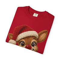 Cute Rudolph Faux Knit Look Reindeer w/Santa Hat - Comfort Colors | Trendy Women's T-Shirt. Direct to Garment. Printed & Shipped in the USA. Unisex Sizes.