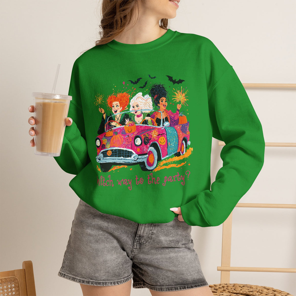 Witch Way to the Party? – Gildan Heavy Blend | Trendy Women’s Soft Sweatshirt. Direct to Garment. Printed & Shipped in the USA. Unisex Sizes.