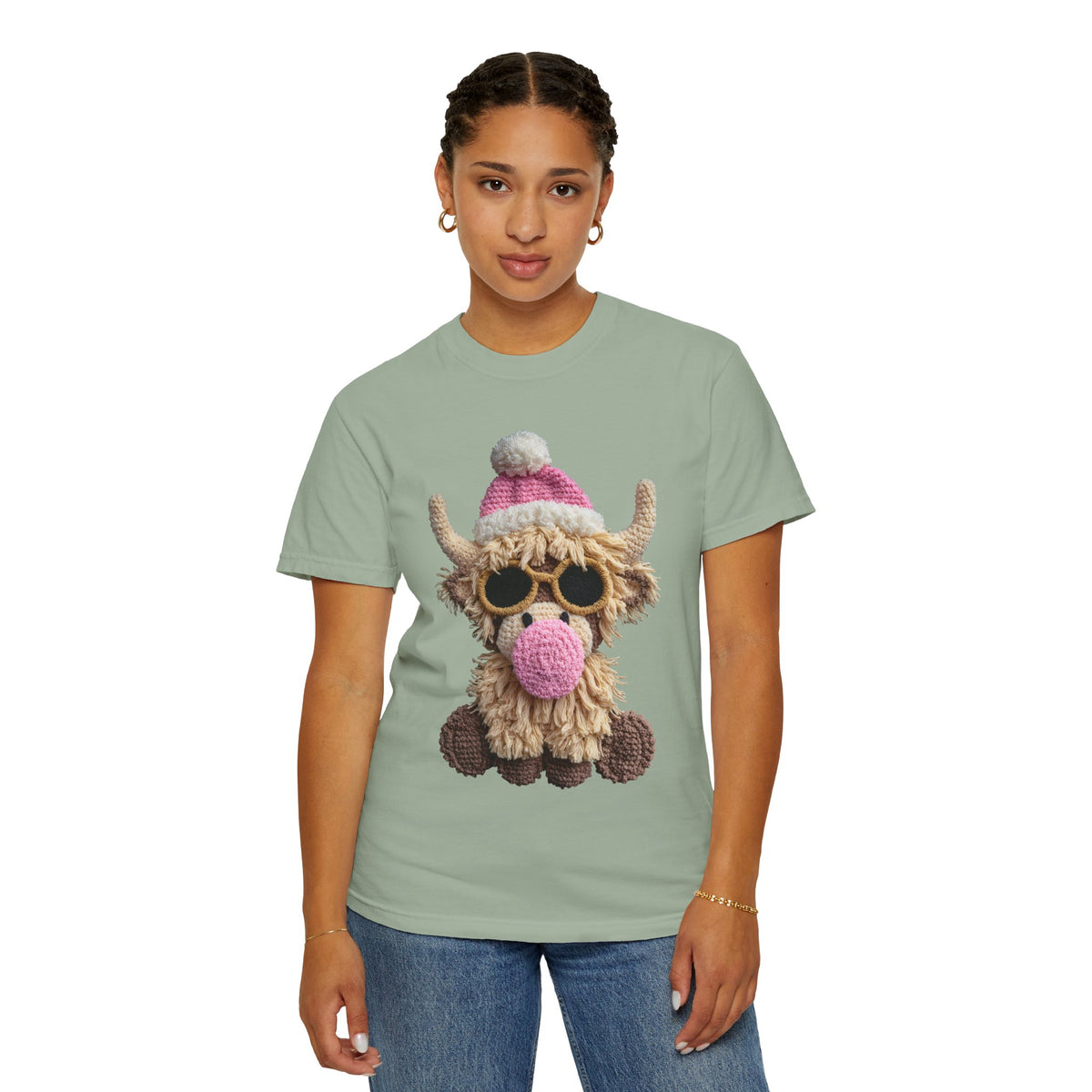Faux Crochet Highland Cow Bubblegum - Comfort Colors | Trendy Women's T-Shirt. Direct to Garment. Printed & Shipped in the USA. Unisex Sizes.