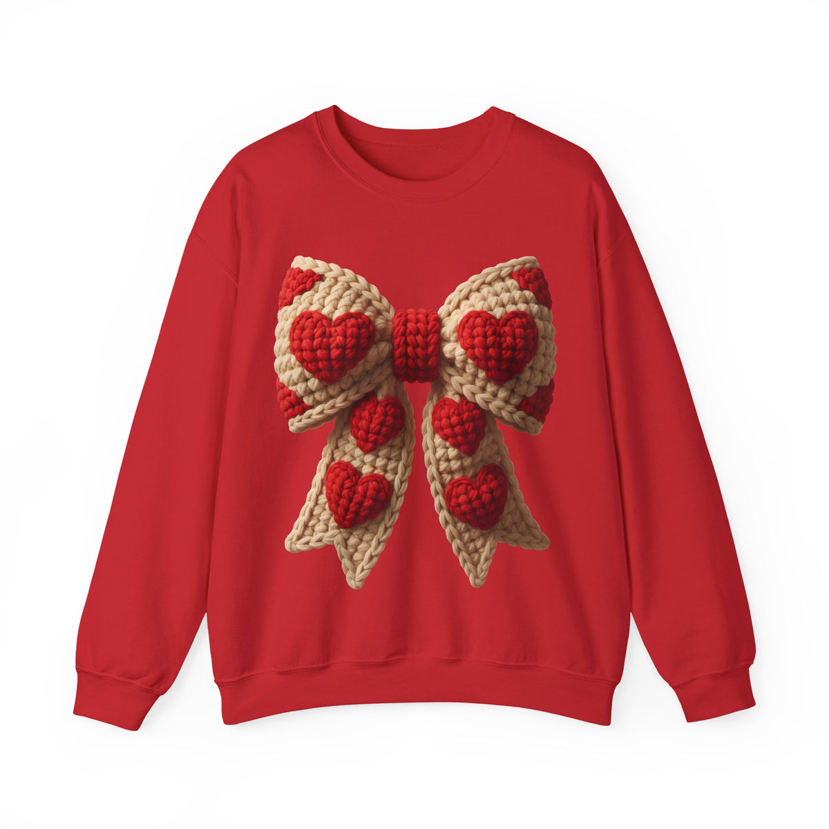 Faux Crochet Valentine Bow – Gildan Heavy Blend | Trendy Women’s Soft Sweatshirt. Direct to Garment. Printed & Shipped in the USA. Unisex Sizes.