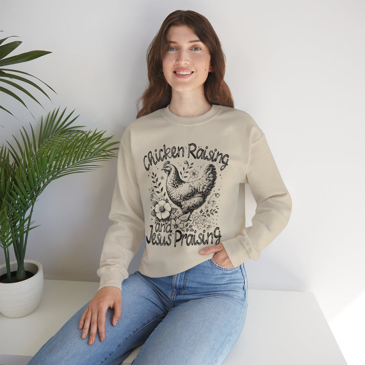 Chicken Raising and Jesus Praising – Gildan Heavy Blend | Trendy Men's and Women’s Soft Sweatshirt. Direct to Garment. Printed & Shipped in the USA. Unisex Sizes.