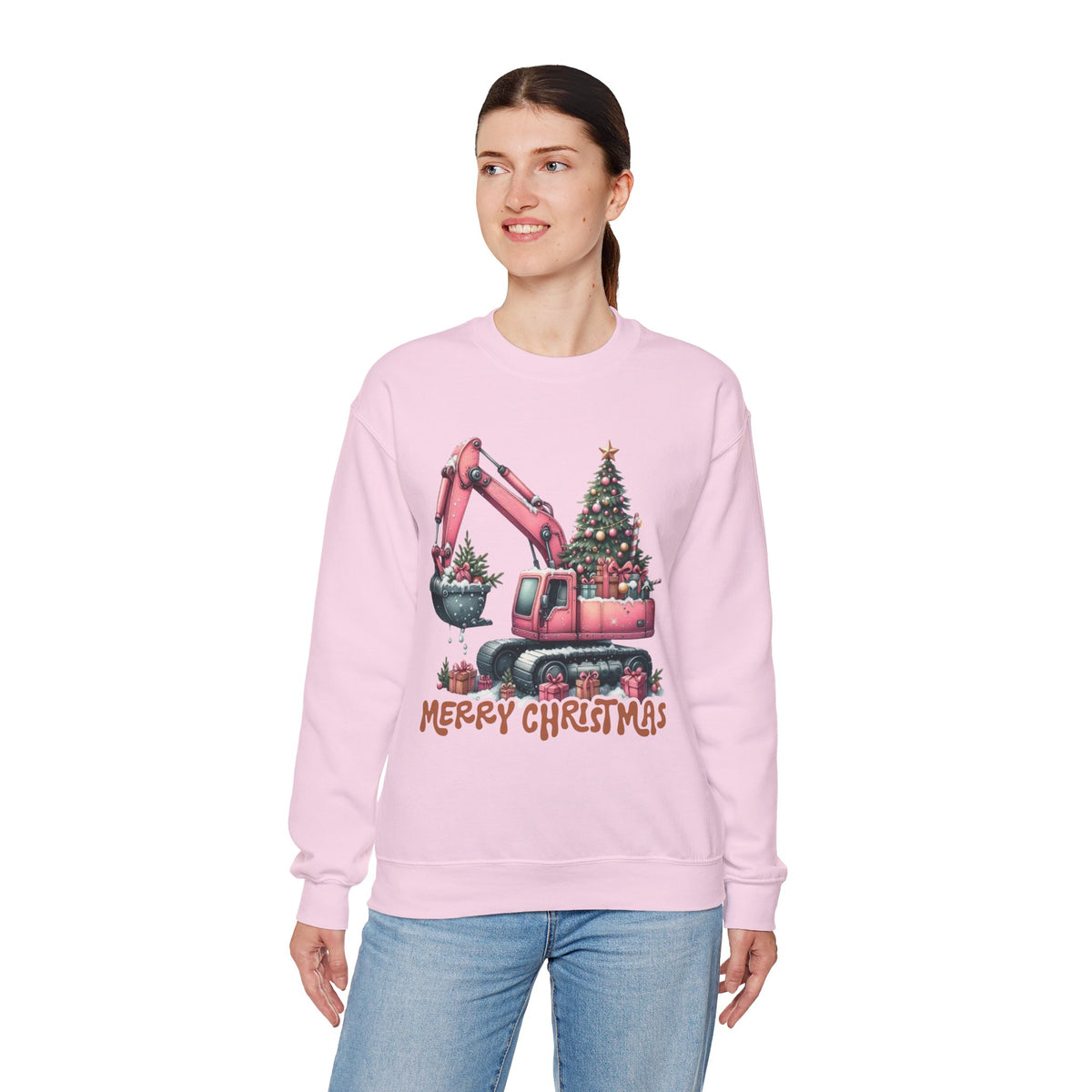 Excavator Merry Christmas Construction – Gildan Heavy Blend | Trendy Women’s Soft Sweatshirt. Direct to Garment. Printed & Shipped in the USA. Unisex Sizes.