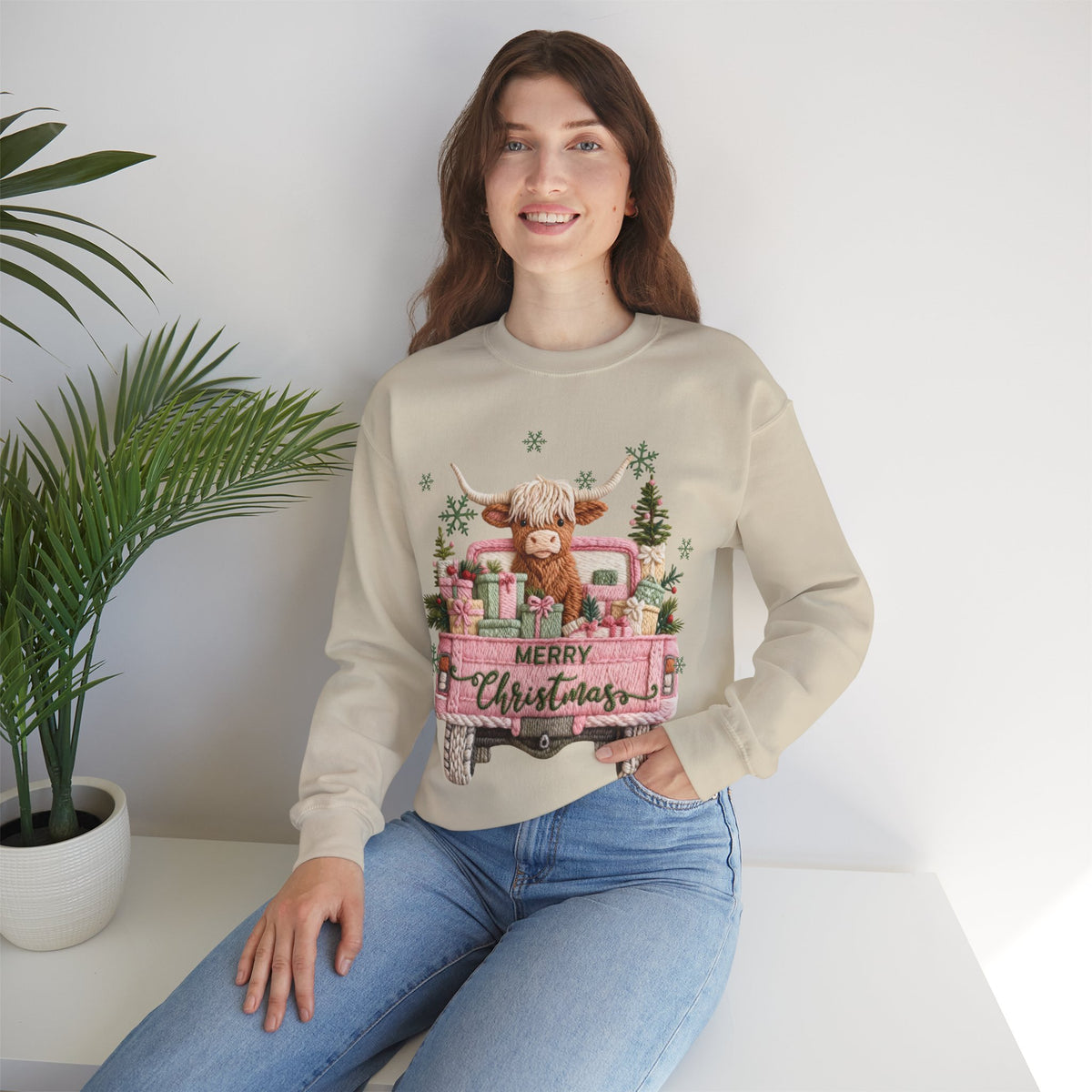 Highland Cow in Pink Truck Merry Christmas Holiday Farmhouse – Gildan Heavy Blend | Trendy Women’s Soft Sweatshirt. Direct to Garment. Printed & Shipped in the USA. Unisex Sizes.