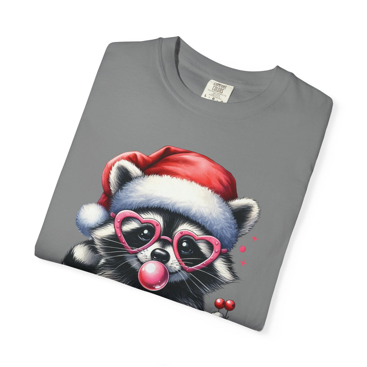 Merry Trashmas Bubblegum Raccoon w/Santa Hat Christmas - Comfort Colors | Trendy Women's T-Shirt. Direct to Garment. Printed & Shipped in the USA. Unisex Sizes.