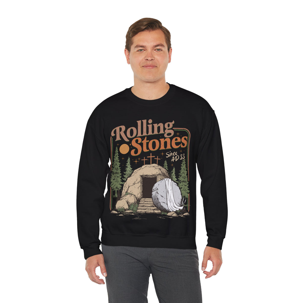 Rolling Stones "Since AD33" Easter Empty Tomb Christian – Gildan Heavy Blend | Trendy Men's and Women’s Soft Sweatshirt. Direct to Garment. Printed & Shipped in the USA. Unisex Sizes.
