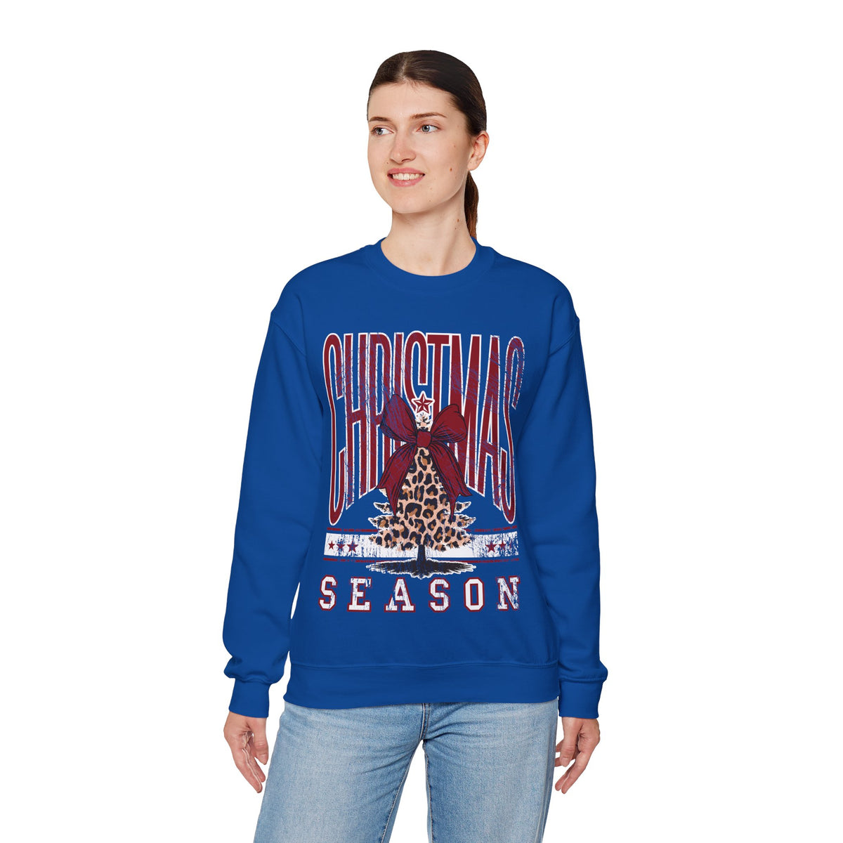 Christmas Season Leopard Tree Distressed – Gildan Heavy Blend | Trendy Women’s Soft Sweatshirt. Direct to Garment. Printed & Shipped in the USA. Unisex Sizes.