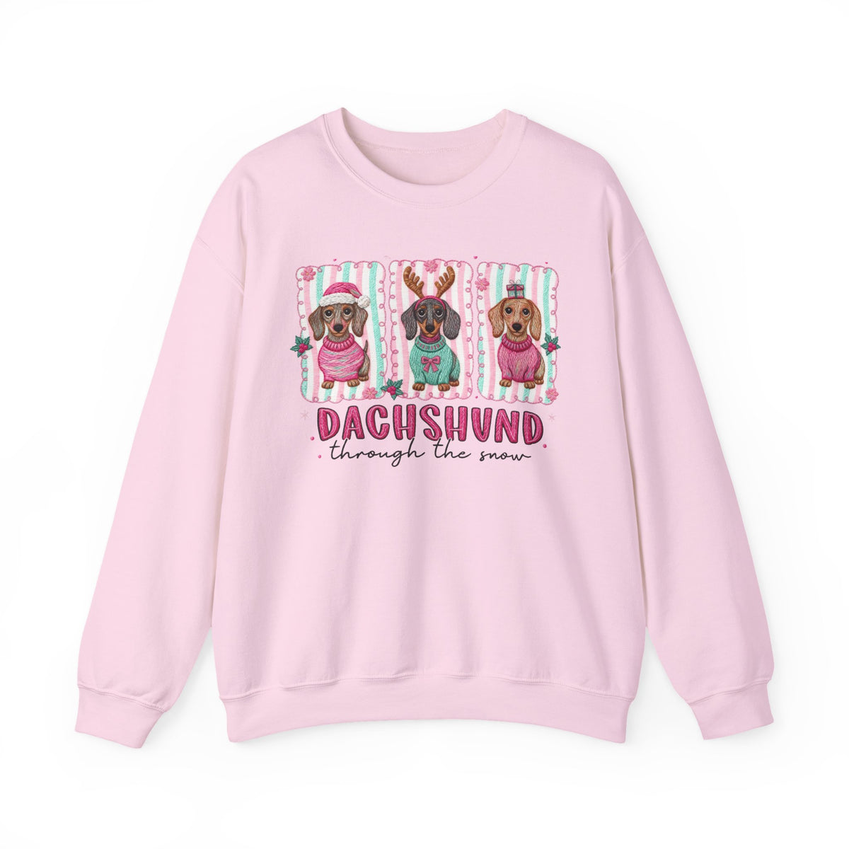 Dachshund Through the Snow – Gildan Heavy Blend | Trendy Women’s Soft Sweatshirt. Direct to Garment. Printed & Shipped in the USA. Unisex Sizes.