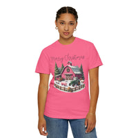 Merry Christmas Pink Barn Farm Animals - Comfort Colors | Trendy Women's T-Shirt. Direct to Garment. Printed & Shipped in the USA. Unisex Sizes.