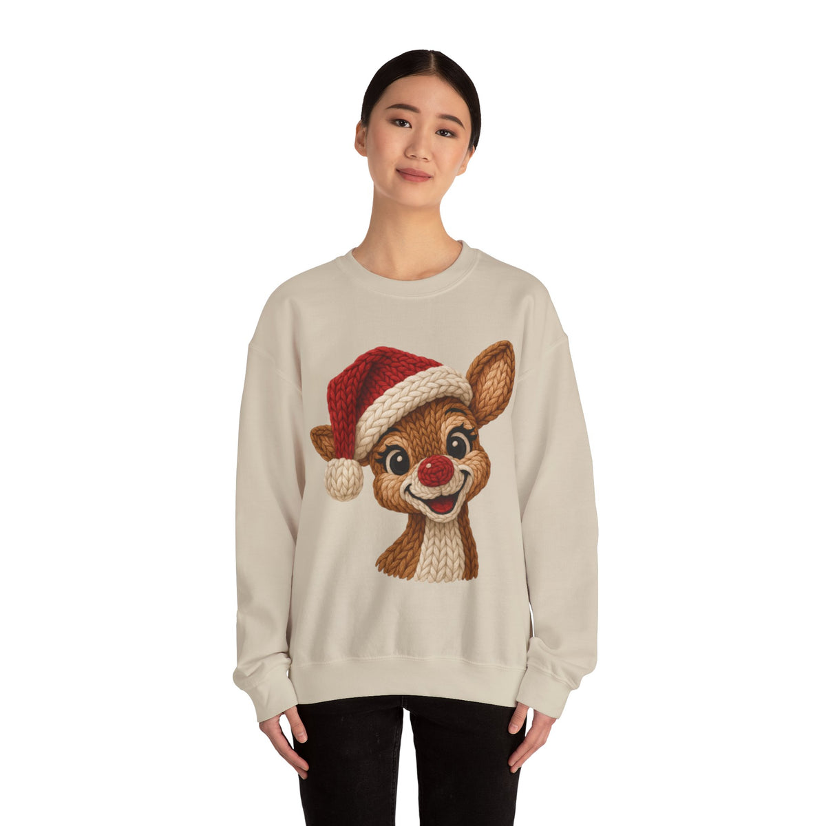 Cute Rudolph Faux Knit Look Reindeer w/Santa Hat – Gildan Heavy Blend | Trendy Women’s Soft Sweatshirt. Direct to Garment. Printed & Shipped in the USA. Unisex Sizes.