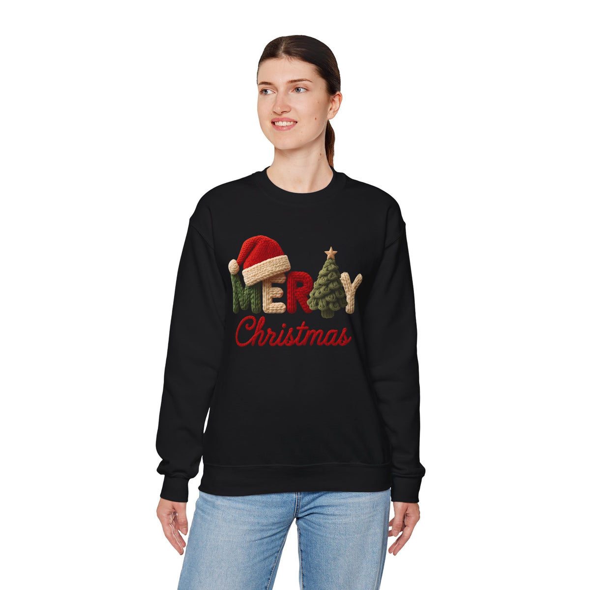 Merry Christmas Faux Yarn w/Santa Hat & Tree – Gildan Heavy Blend | Trendy Women’s Soft Sweatshirt. Direct to Garment. Printed & Shipped in the USA. Unisex Sizes.