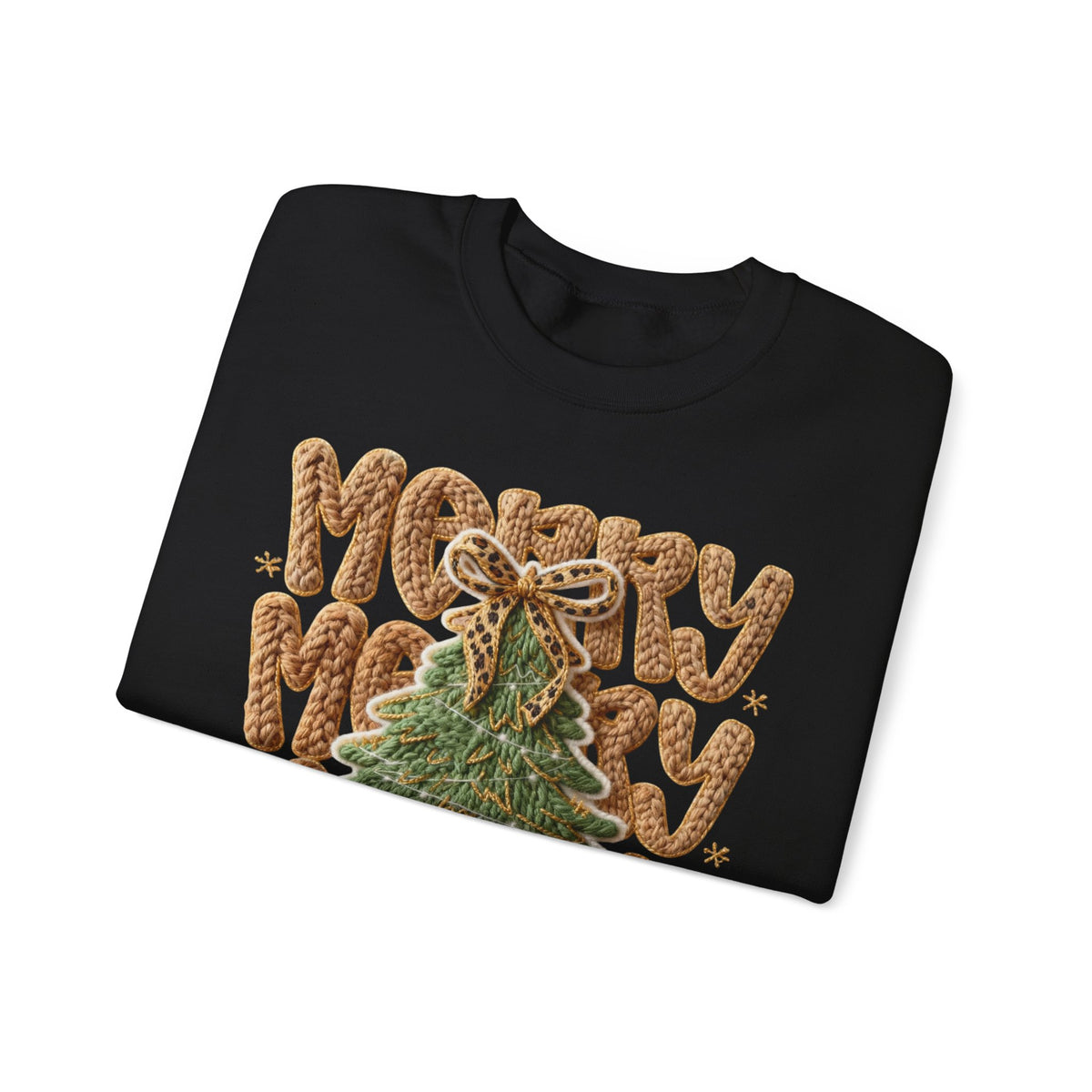 Merry Merry Merry Christmas, Faux Latch Hook Yarn – Gildan Heavy Blend | Trendy Women’s Soft Sweatshirt. Direct to Garment. Printed & Shipped in the USA. Unisex Sizes.