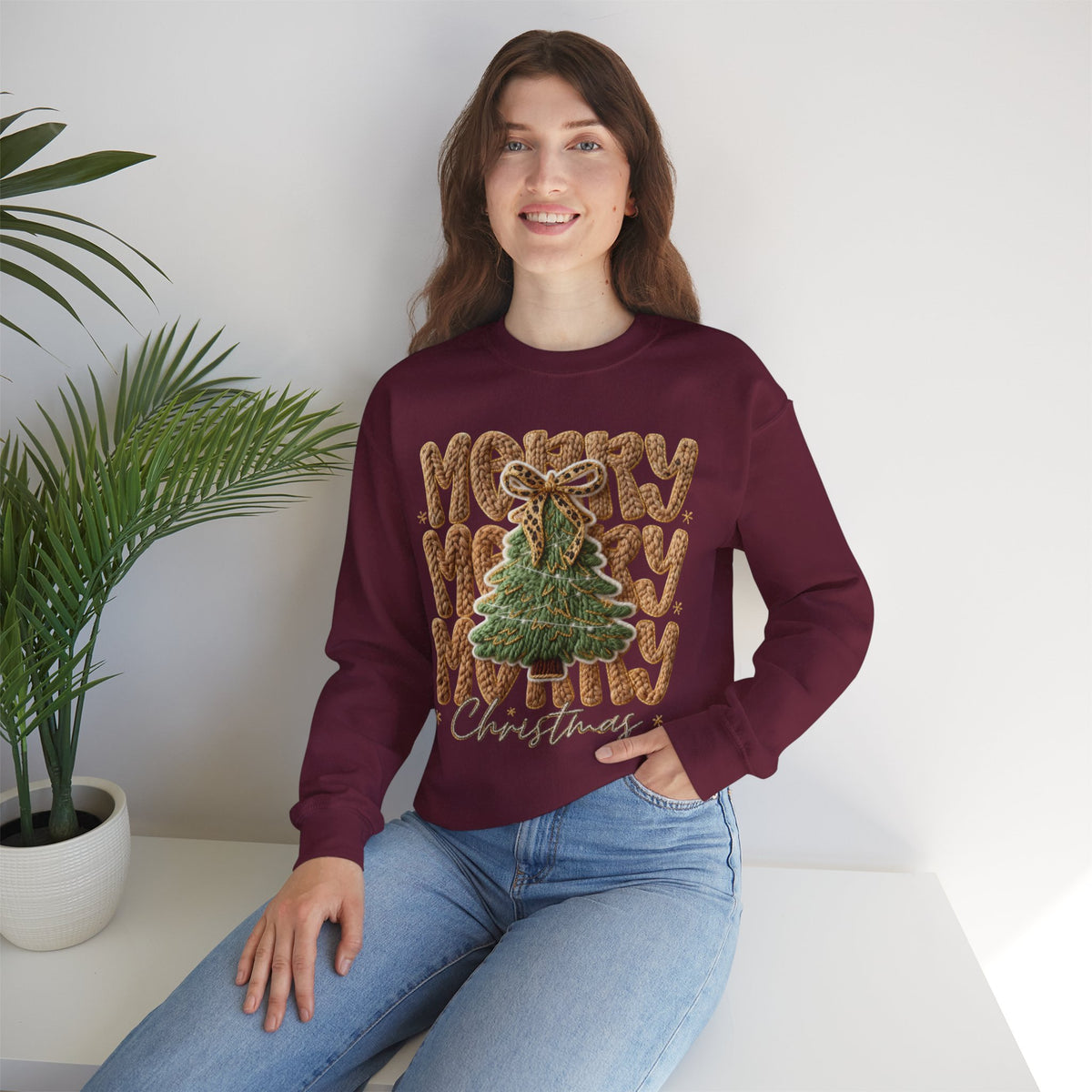 Merry Merry Merry Christmas, Faux Latch Hook Yarn – Gildan Heavy Blend | Trendy Women’s Soft Sweatshirt. Direct to Garment. Printed & Shipped in the USA. Unisex Sizes.