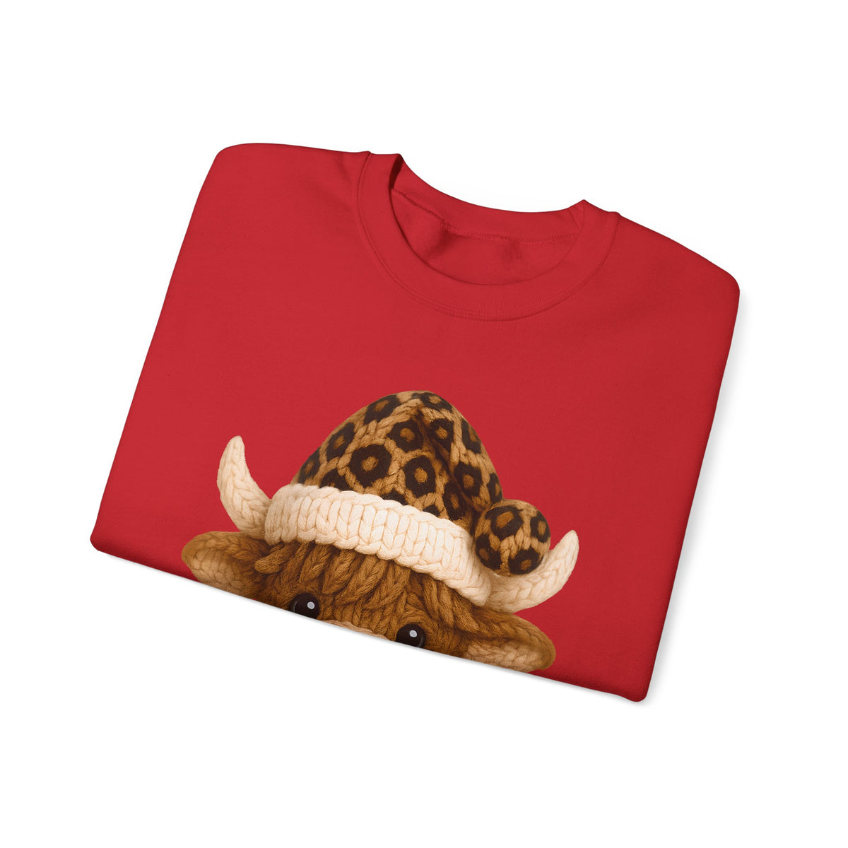 Cute Highland Cow with Leopard Santa Hat Christmas – Gildan Heavy Blend | Trendy Women’s Soft Sweatshirt. Direct to Garment. Printed & Shipped in the USA. Unisex Sizes.